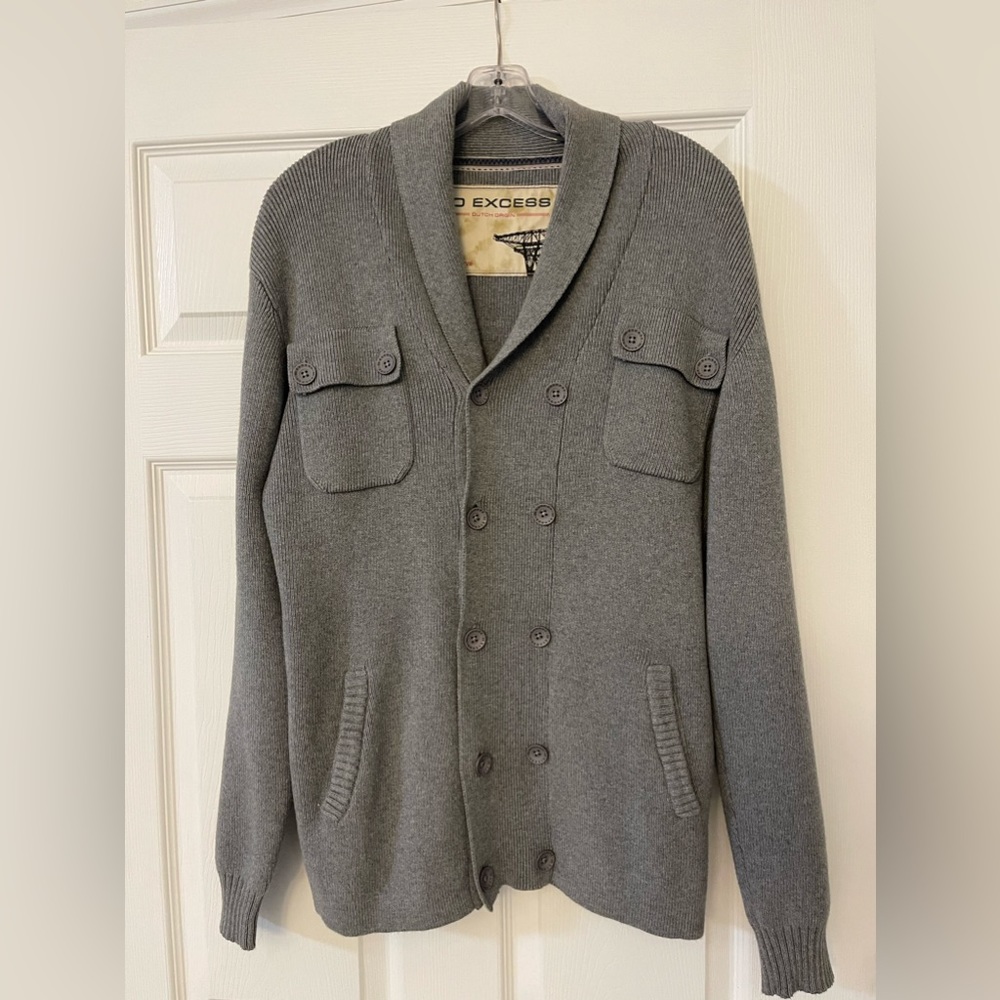 No Excess, Mens Large Grey Button down double breasted sweater. 100% cotton